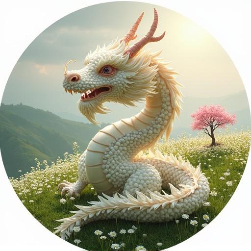 Round image featuring a dragon made of white roses. The dragon structure resembles the MSI logo. Background includes a cherry blossom tree on a hill with a bright green field. Realistic depiction of the scene.