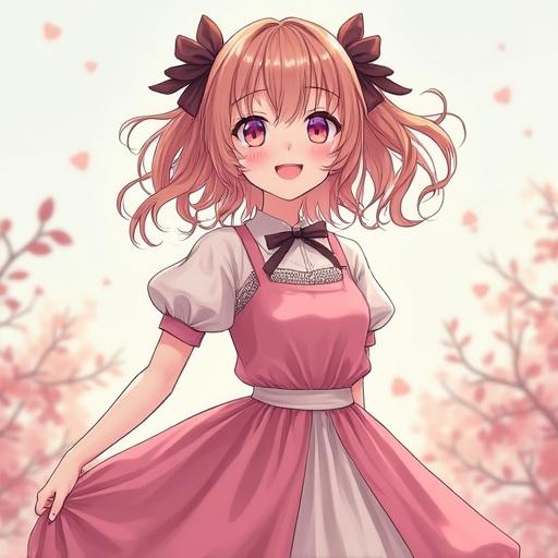 A cheerful girl is wearing a pink dress. She has light brown hair and is standing amidst a soft background with light pink elements.