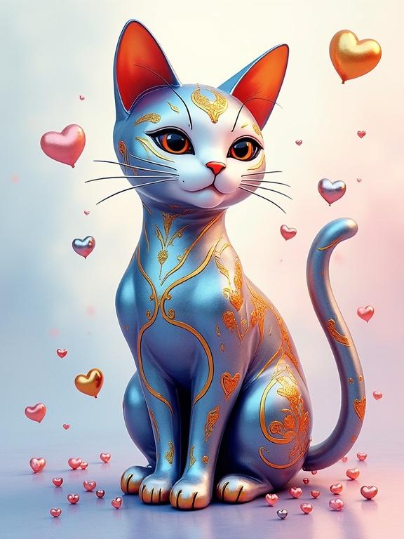 Sleek metallic cat stands proudly. Body crafted in blue white orange gold silver tones. Gold elements have warm finish. Silver adds shimmering sheen. Tiny silver orange pink gold hearts surround cat. Background blends pastel colors pale blue soft pink lilac. Evokes themes of love and joy. Japanese Manga Key Visual.