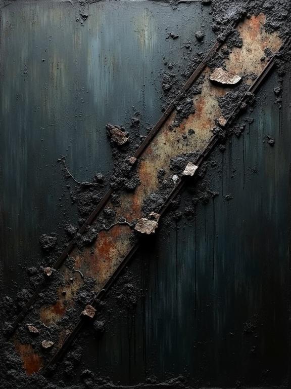 Oil painting with dark textures. Harsh brush strokes create an industrial feel. A damaged film strip runs diagonally. Heavily corroded with stitched repairs. Jagged edges and missing chunks are visible. Black acid corrosion spreads along the edges. Eerie industrial mood created. High contrast visual appeal.