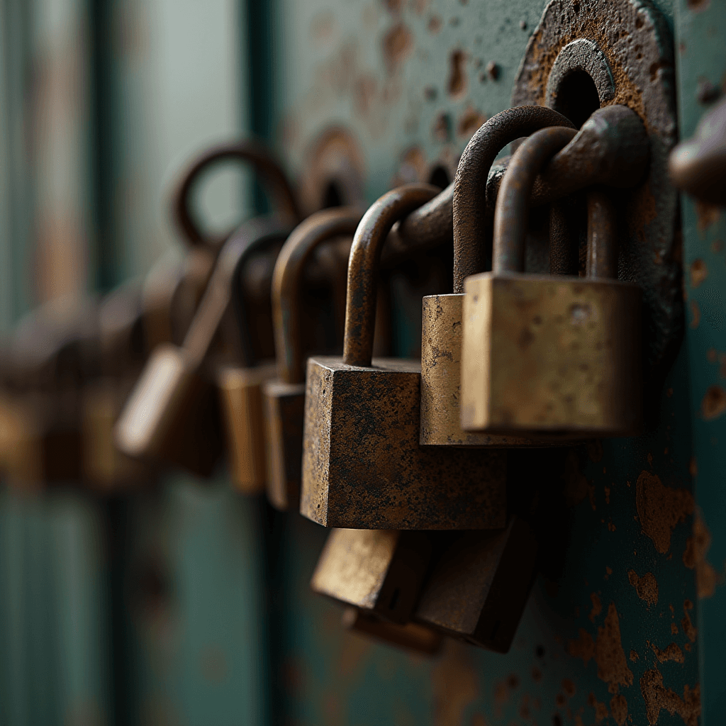 The image features a close-up view of a row of old, rusty padlocks hanging from a metal chain. The locks appear aged, with a significant amount of rust and wear, suggesting they have been exposed to the elements for a long time. They are attached to a slightly out-of-focus green metal surface, which also shows signs of corrosion and rust. The lighting highlights the texture of the rust and metal, creating a gritty, industrial feel. The focus on the foreground padlocks blurs the background, drawing attention to the detailed texture and aging of the locks.