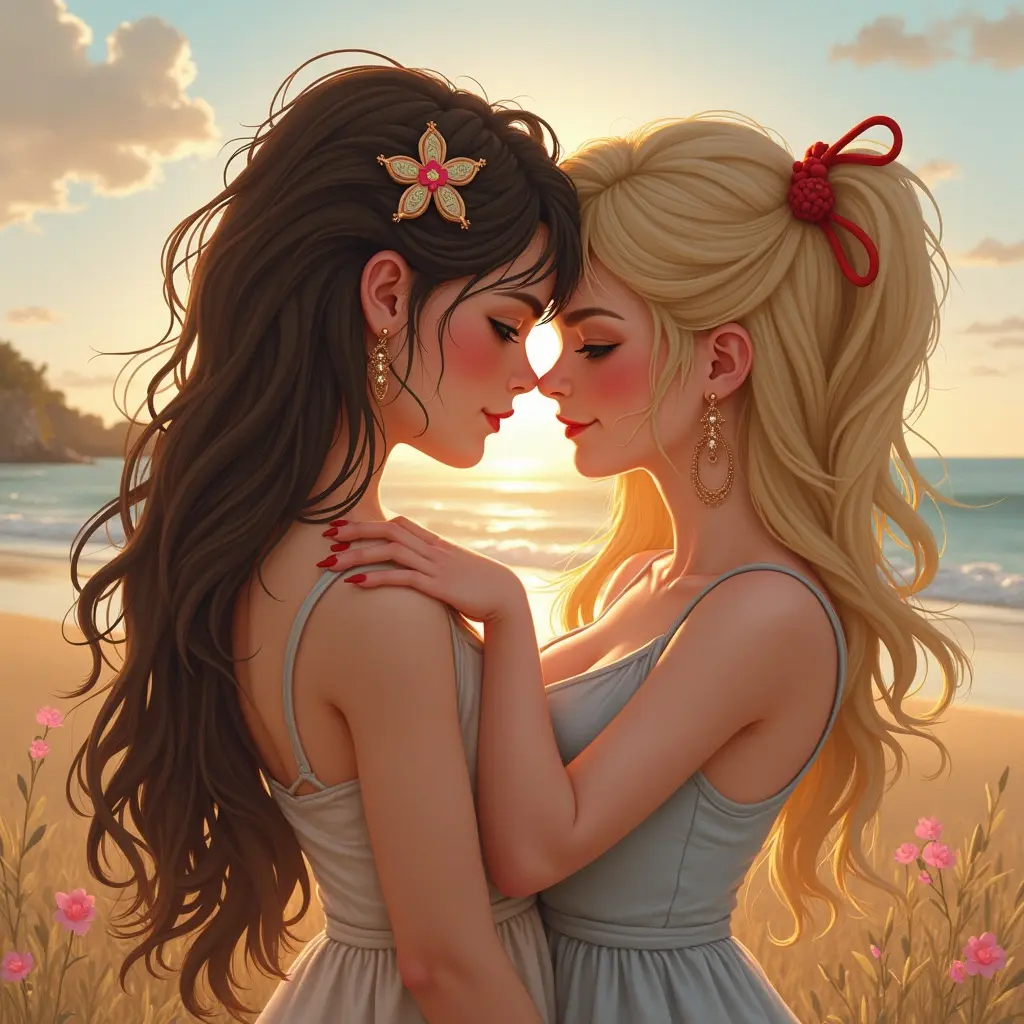 Two individuals with beautiful hairstyles and accessories pose together in a warm and intimate way. The scene reflects appreciation for beauty and connection.