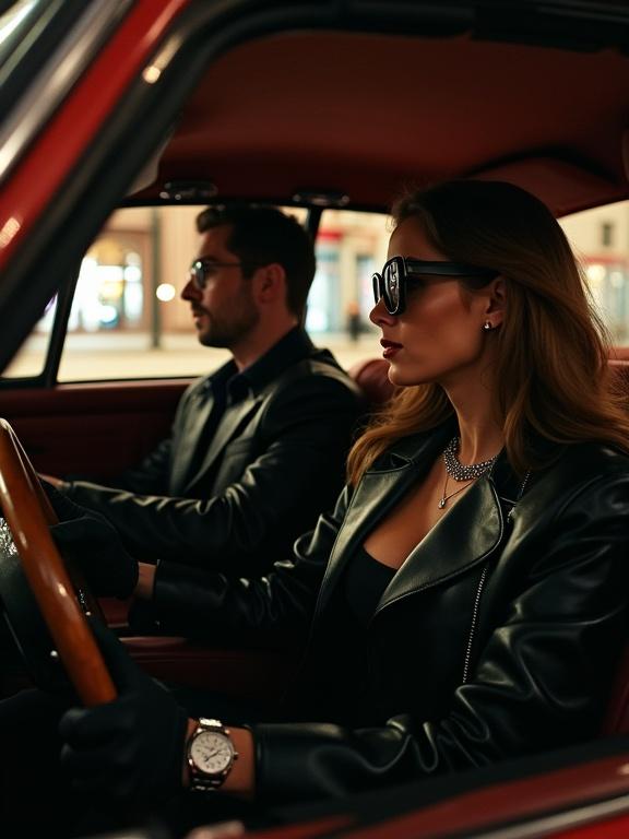 Interior view of a vintage red Mercedes 280 SE at night. Male driver has hands on steering wheel. Both wear black leather outfits. Female passenger wears sunglasses and leather gloves.