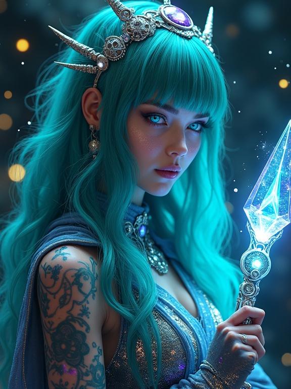 Full body shot of an avatar with teal hair and shimmering waves. They have glowing neon blue eyes resembling galaxies. Complexion in deep obsidian with bioluminescent specks. Intricate tattoos pulse in bright colors. Wearing futuristic color-changing robes. Wielding a crystalline scepter emitting light. Holographic constellations project around. Crown with pulsating gemstones. A cosmic guardian presence.