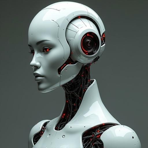 Image of a female robot that merges human and mechanical traits, showcasing beauty and a high-tech design. Focus on facial features that are attractive and embody both human and robotic characteristics.