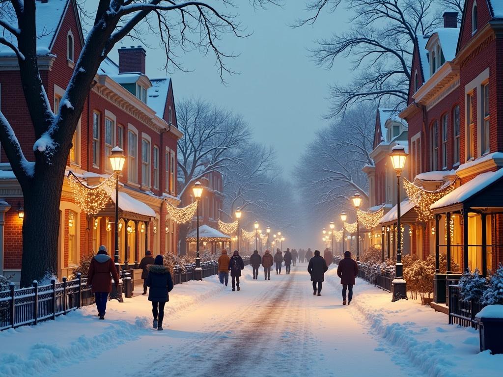 The scene depicts a charming winter evening in a beautiful historic city. Snow covers the ground and the rooftops, giving everything a soft, white blanket. Warm lights illuminate the exterior of classic buildings, creating a cozy atmosphere. Lanterns along the street cast a golden glow, inviting passersby to enjoy the magical setting. The street is lined with trees decorated with twinkling lights, adding to the festive feel. People stroll leisurely, wrapped in warm clothing, while enjoying the peaceful ambiance. The sky is a soft blue, hinting at the time just after sunset. It truly captures the serenity and beauty of a winter night.