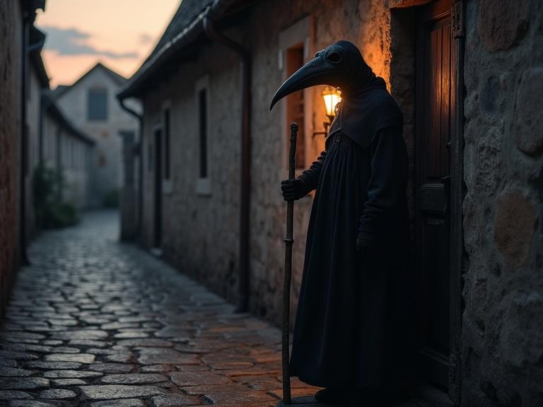 Highly detailed photorealistic image of a plague doctor figure wearing a beaked mask and dark cloak. Figure stands at an old wooden door on a dimly lit cobblestone street at dusk, holding a wooden staff. The street is quiet, with abandoned buildings and faint light glowing through the door cracks. Overcast sky with muted orange and purple hues. A tense and foreboding atmosphere, emphasizing themes of isolation and mortality during the plague.