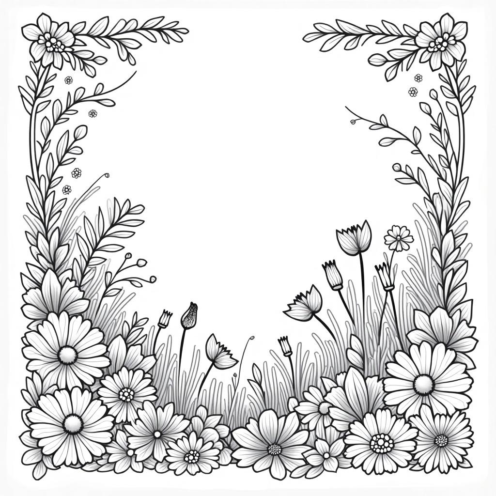 Floral design in line art style. Features detailed flowers and stems. Minimalist approach with black lines on white background.