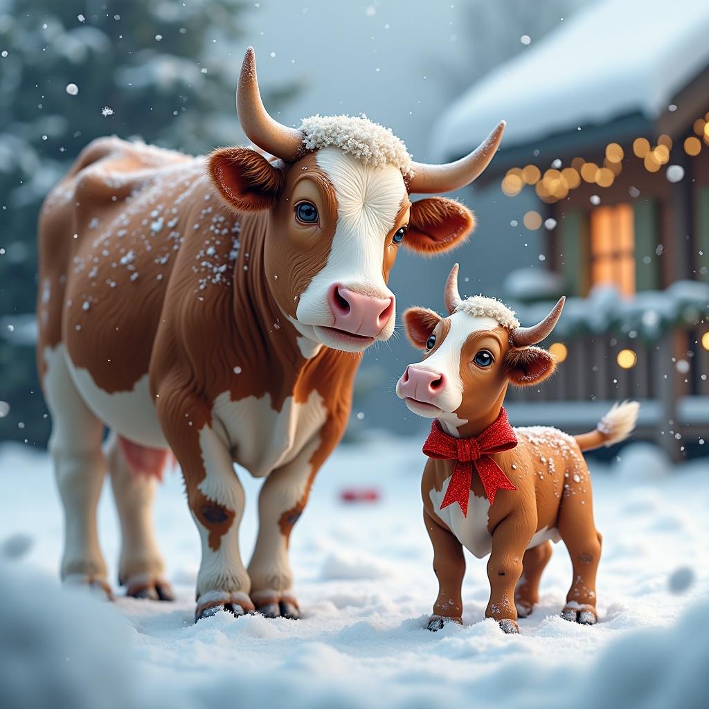 Cow and calf in snowy setting. Snowflakes fall around them. Cozy house with Christmas decorations in the background.