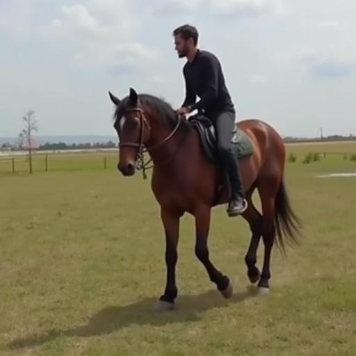 Video of a horse in a field with a rider on its back