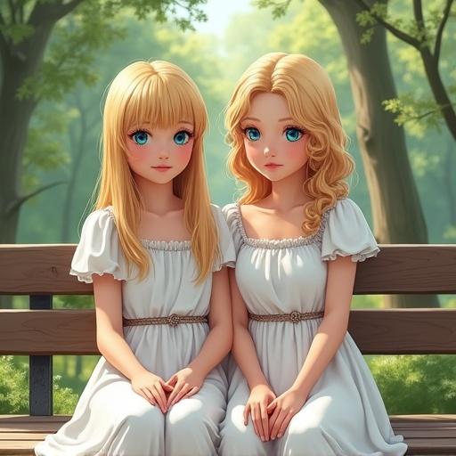 A fairy tale-like illustration featuring two enchanting blonde girls with blue eyes. They wear white dresses and sit on a bench surrounded by a lush park setting.