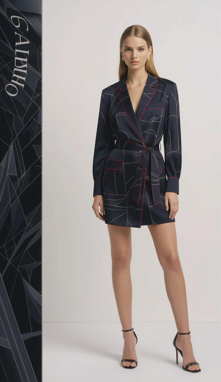 High fashion model poses in sophisticated outfit. The model wears a stylish dress with geometric designs. The outfit features a wrap style with a belt. The background is minimalist and white. The overall look is elegant and modern.
