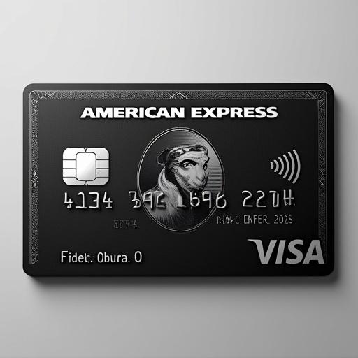 Realistic image of a black American Express credit card with a prominent Visa logo. Cardholder name Fidel Obura O and expiry date September 2035 are visible. Silver background and black font convey modern elegance.
