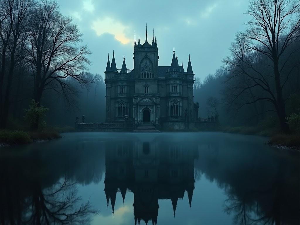 This image depicts an old gothic mansion standing majestically beside a tranquil lake. The scene is shrouded in a mysterious, foggy atmosphere, enhancing the mansion's eerie presence. Its tall spires and intricate architectural details suggest a rich history. Surrounding the mansion are bare trees, inviting a sense of isolation. The water reflects the mansion, adding depth to the chilling ambiance.