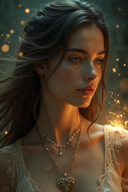 A beautiful 20-year-old girl with long, flowing hair stands in a mystical setting. The atmosphere is enhanced by sparkles and glimmers of light. The individual wears delicate jewelry that highlights the neckline. The background is dark, contrasting with bright specks of light, creating an enchanting scene.