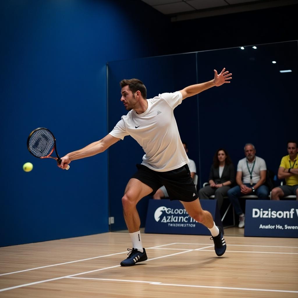 The image depicts a squash player in the midst of executing a backhand winner. Dressed in a white shirt and black shorts, he is intensely focused on the ball as he follows through with his swing. The squash court setting features a blue wall in the background, enhancing the athlete's movements. Other individuals can be seen in the background, illustrating the competitive environment. This action showcases the energy and skill involved in squash, providing a glimpse into the dynamics of the sport. The player's athletic form emphasizes precision and focus in this fast-paced game.