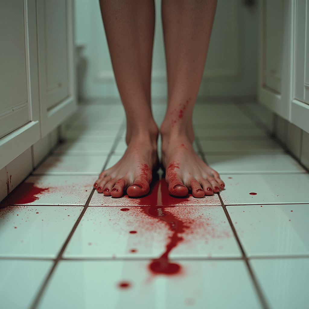 Bare feet stand on a white tiled floor with blood splattered around.