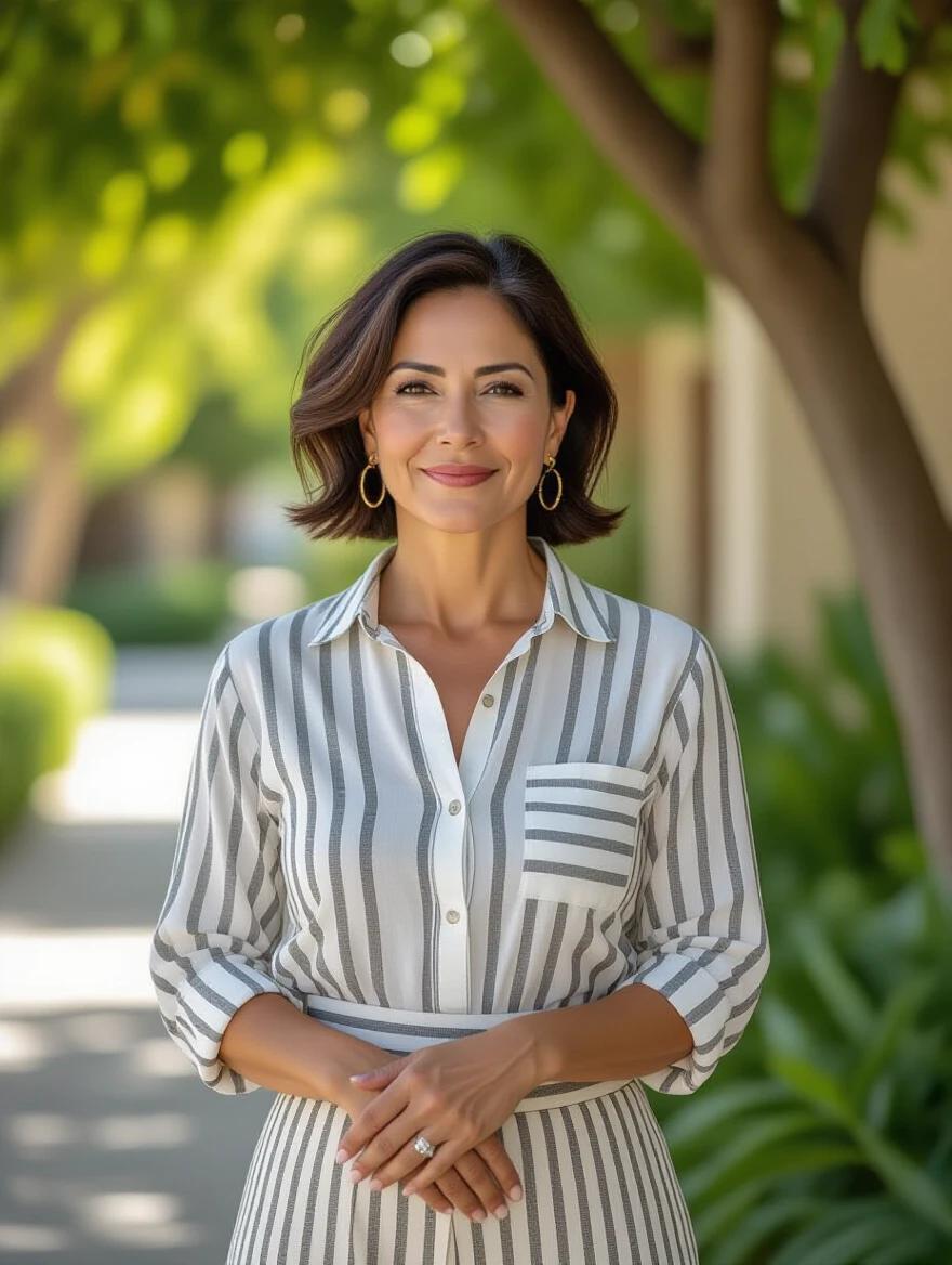 Photograph of a 45-year-old Mexican woman with dark short hair. She shows her hands while wearing a striped shirt and wide-legged pants. The expression is calm and neutral. The posture is upright and relaxed. She looks straight ahead in a neutral stance. Her appearance is elegant and serene. She blends naturally into a scene with trees and sunlight filtering through leaves. The background includes paths and nature. The woman is shown from the waist up, integrated into the outdoor scene in a neutral pose and calm expression.