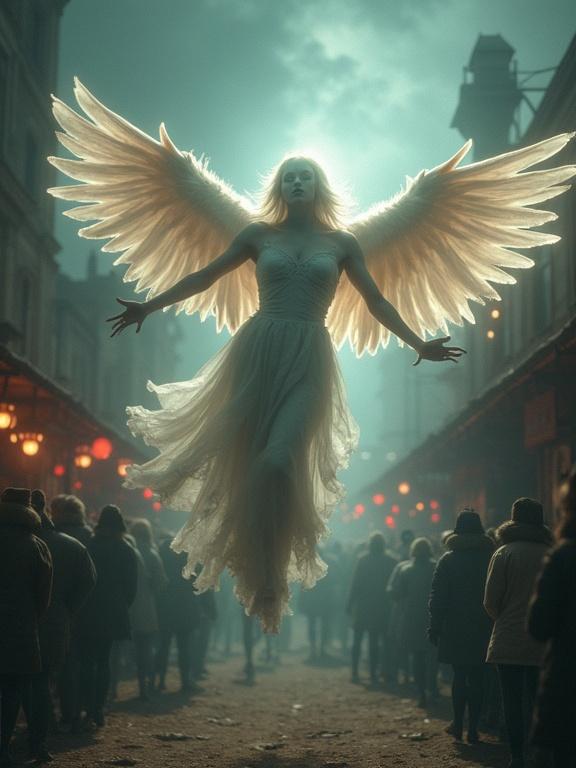 Full body angel figure with large wings floating above carnival crowd. Background shows old circus. Ethereal and ghostly atmosphere. Highly detailed and photorealistic.