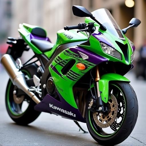 A Kawasaki Ninja 250R from 2008 in green and purple colors with gold accents. The motorcycle is showcased prominently in a city environment. The design features sharp lines and sporty aesthetics. The bike is parked on a street, giving it a dynamic look.