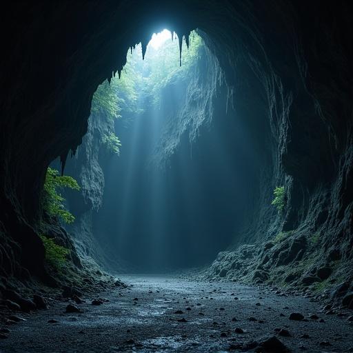 Extreme wide shot of a huge dark cave with soft light beams illuminating the entrance