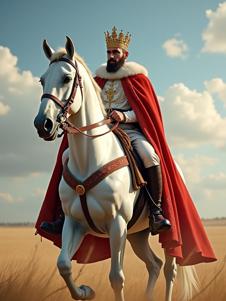 Crowned king in red cape rides a majestic white horse under a blue sky. The atmosphere is royal and serene. The setting is a golden field with soft clouds in the background.