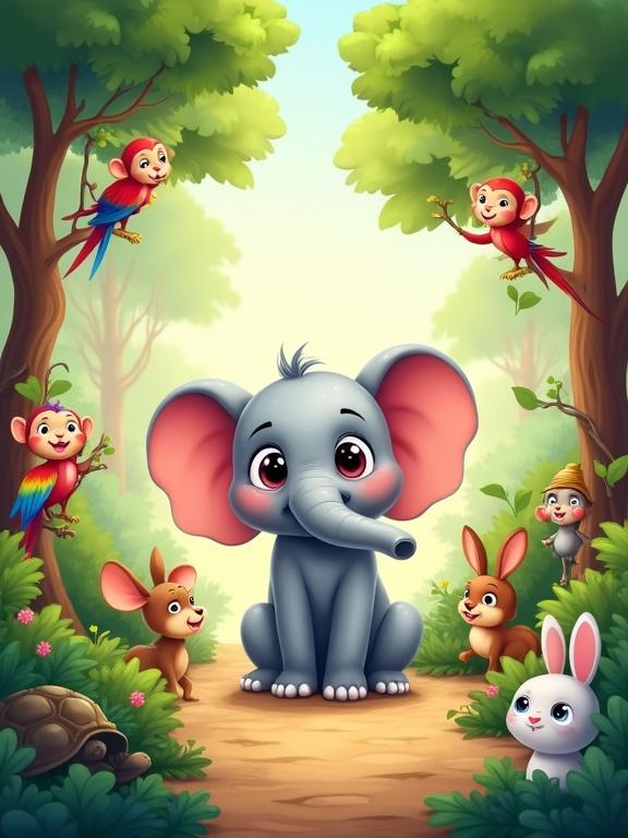 Illustration of a cute baby elephant in a jungle clearing with friendly animals. The elephant has big eyes and a smile. Monkeys swing in the trees. Colorful parrots are on branches. Rabbits peek from bushes. A deer and tortoise are also present. Sunlight filters through tall trees. The atmosphere is whimsical and magical.