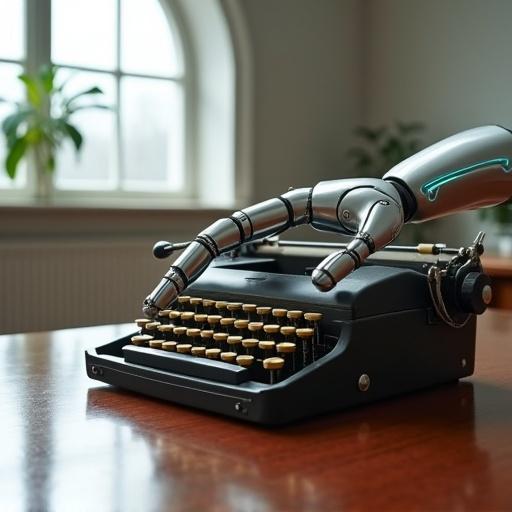 A photograph of a robotic hand cradling a vintage Underwood typewriter. The hand has polished surfaces with glowing blue lines. The typewriter has yellowed keys and a worn finish. A quote is typed on it. Soft light comes from a window, revealing a minimalist office background.