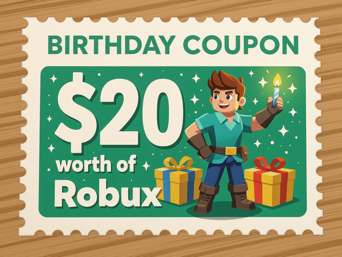 A birthday coupon for $20 worth of Robux from parents. The design features a character with a glowing item and presents. The background is colorful and festive.