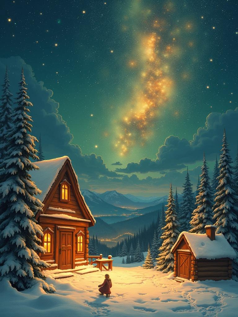 A snowy landscape featuring a cozy wooden cabin. Bright windows glow warmly. Tall evergreen trees surround the cabin. A child stands in the foreground. A starry sky glimmers above. The scene represents the beauty of winter.