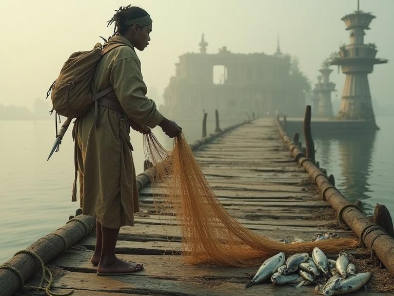 Fisherwoman in earth-toned tunic pulls handmade nets with shimmering fish. She stands on a weathered pier over a misty lake. Ruins of a city loom in the background. Lighting is golden and diffused by mist. Texture-rich details of wood, wool, skin, and fish.