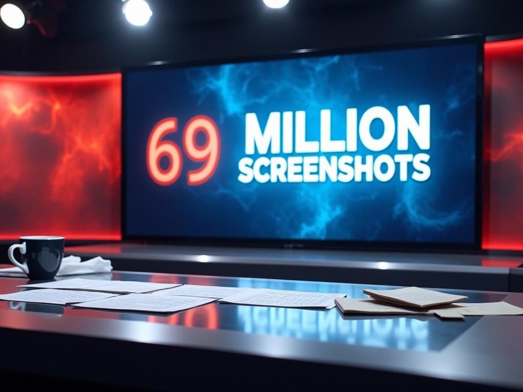 The image depicts a modern news desk setup with a headline of '69 Million Screenshots' prominently displayed on a large screen in the background. The desk is cluttered with papers, giving a sense of urgency typical of breaking news. A sleek coffee mug is positioned on the desk, ready for the news anchor. The red and blue lighting creates a dynamic and eye-catching ambiance. This setup could be used to illustrate various media-related topics or by news agencies reporting breaking stories.