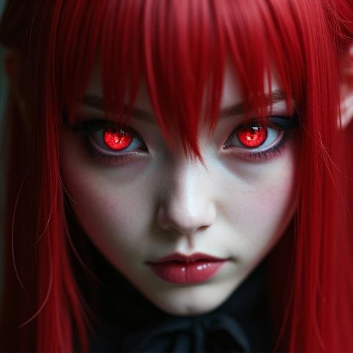 Closeup shot of a Japanese woman styled as Shinigami. Features include red hair, red eyes, and vampire fangs. Focus on facial details and expression.