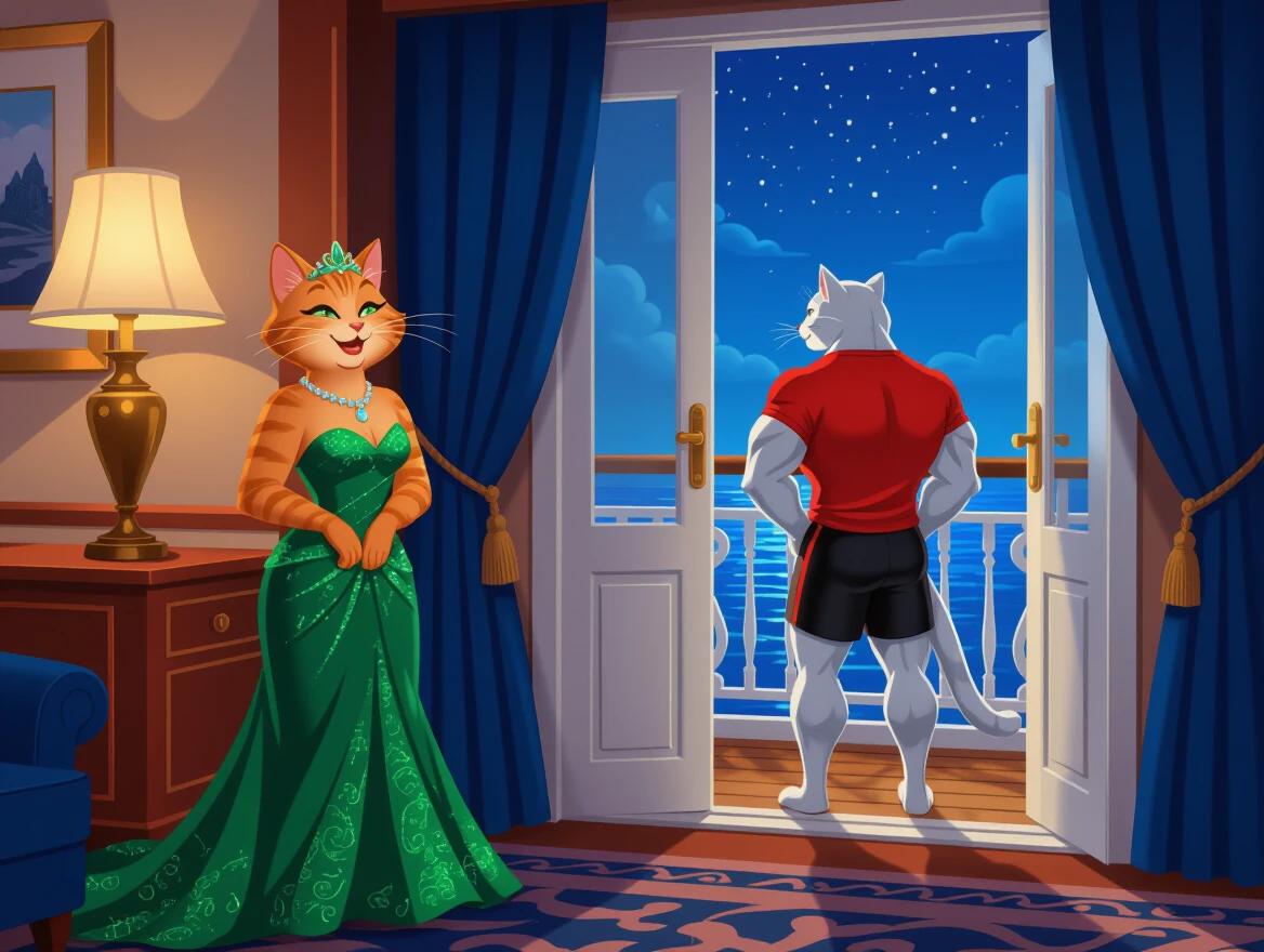 Scene featuring two anthropomorphic cats on a cruise ship at night. Left cat is orange wearing green evening gown. Right cat is white with back turned in red t-shirt and black shorts. Open door shows a balcony view of the sea.