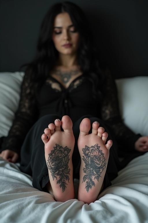 Mature goth woman lying on a bed. She shows her tattooed soles on her bare feet. She wears goth clothing in dark tones. The setting is soft and serene.