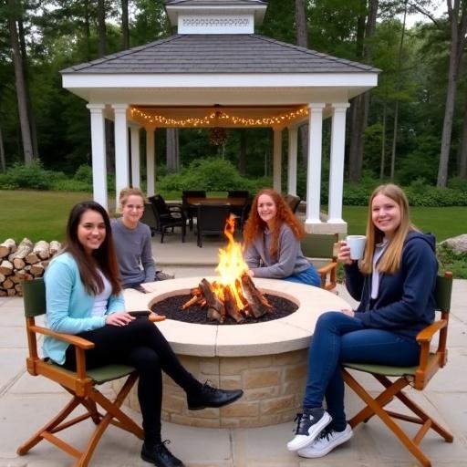 Photograph of three young women sitting around a circular stone fireplace on a patio. Stone fireplace with fire burning. Women in director's chairs. Background features a gazebo with lights and greenery.