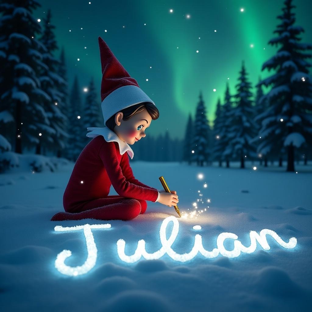 The image depicts an elf on the shelf, dressed in a festive red outfit, sitting on the snowy ground. The elf is concentrating as they magically write the name 'Julian' in the snow with a glowing pen. Surrounding the elf are trees covered in snow, with the enchanting northern lights glowing in the background. A gentle sparkle trails from the writing, adding to the magical atmosphere. This scene combines the charm of holiday traditions with a personal touch.