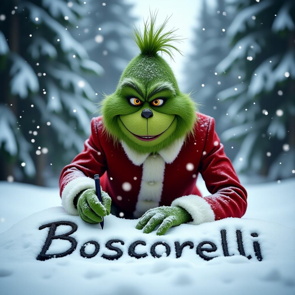 Grinch in traditional suit writing in snow. Smiling with winter atmosphere. Name 'Boscorelli' in fresh snow. Surrounded by tall snow-covered trees enhancing holiday charm. Captures essence of festive season and grinch magic.