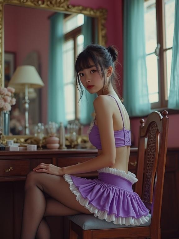 Petite Asian girl sits in front of mirror. She wears purple mini skirt and light purple foam bra. Black sheer stockings. Hair is tied and wet. She smiles softly at the camera. Photo captures nostalgic early-2000s vibe.