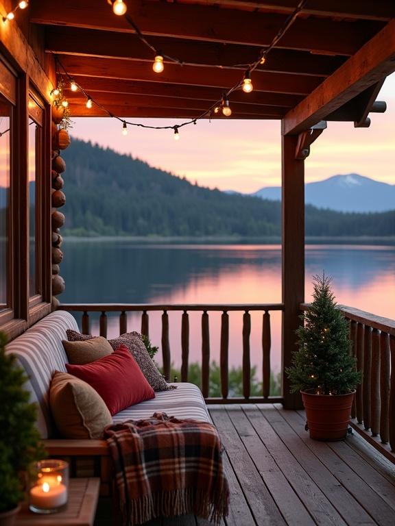 Cozy outdoor deck attached to a log cabin overlooking a serene lake. The deck has a wooden structure with a slanted exposed-beam ceiling. Warm string lights add a soft glow. Cushioned outdoor sofa with a striped fabric and a red throw pillow. Plaid blanket with fringed edges on the sofa. Simple wooden railing at the deck's edge. Small wooden table with potted plants and a lit candle. Stunning sunset with hues of orange pink and purple reflecting on the lake water.