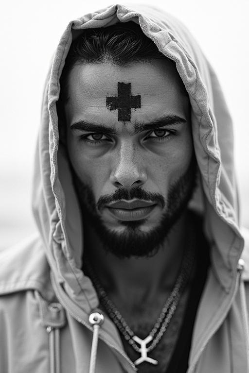 Shiva wearing a hooded jacket in black and white. The background is white, creating a contrast with the subject. Text appears above indicating a heartfelt quote about love and loss.