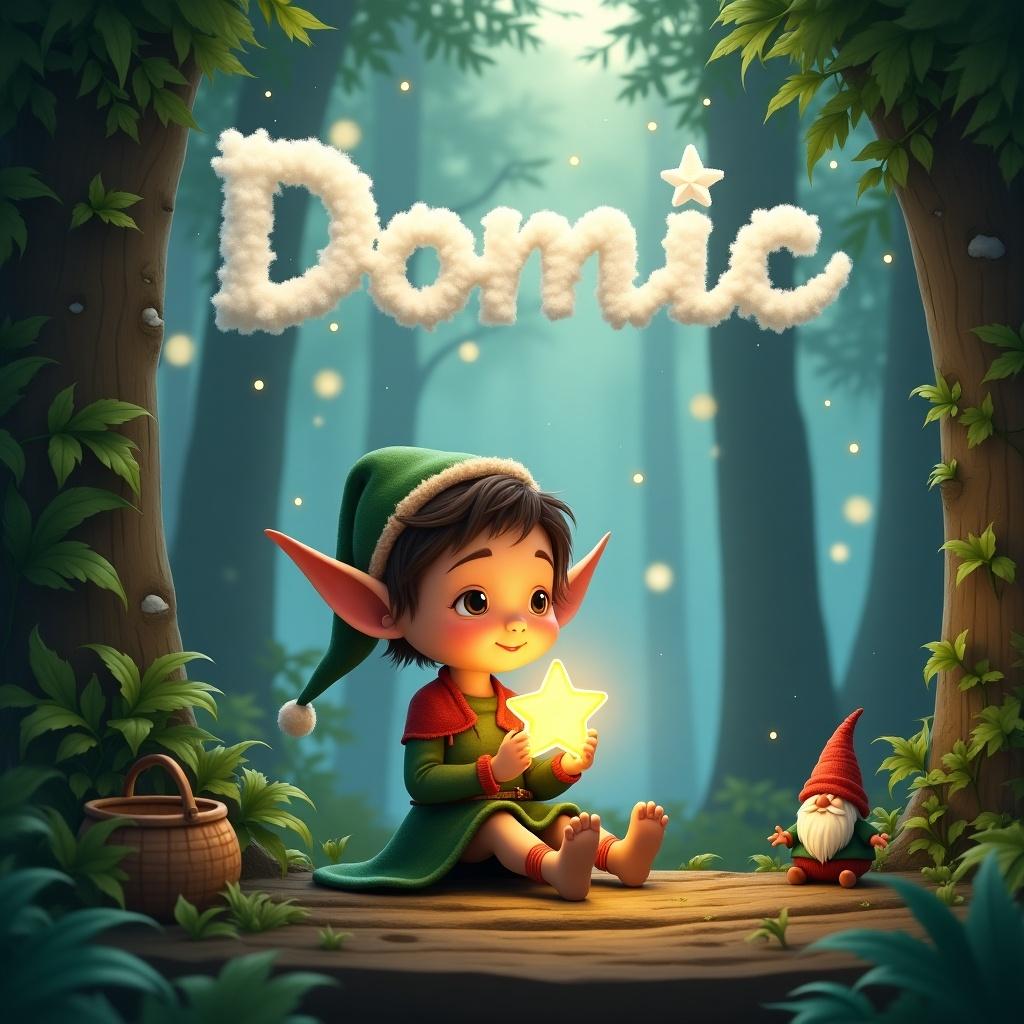 In a magical forest, a young elf with pointed ears and a festive outfit sits on a wooden platform. The elf holds a glowing star in her hands. Lush greenery surrounds her. Tall trees filter soft, ethereal light. The name Dominic appears in cloud-like letters in the sky, hinting at blue and white. A cozy basket and a charming little gnome add to the enchanting scene.