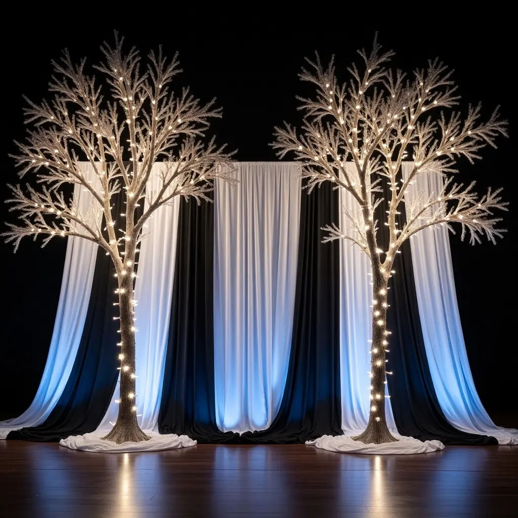 This image features a stunning event setup with a backdrop of black and white drapes elegantly cascading. In the center, there are two giant LED trees that sparkle with lights, creating a magical atmosphere. The lighting casts a soft glow, enhancing the overall aesthetic. The contrast of the dark and light colors draws attention to the intricate details of the trees. This setup is ideal for weddings, parties, or any festive occasion, showcasing elegance and charm.