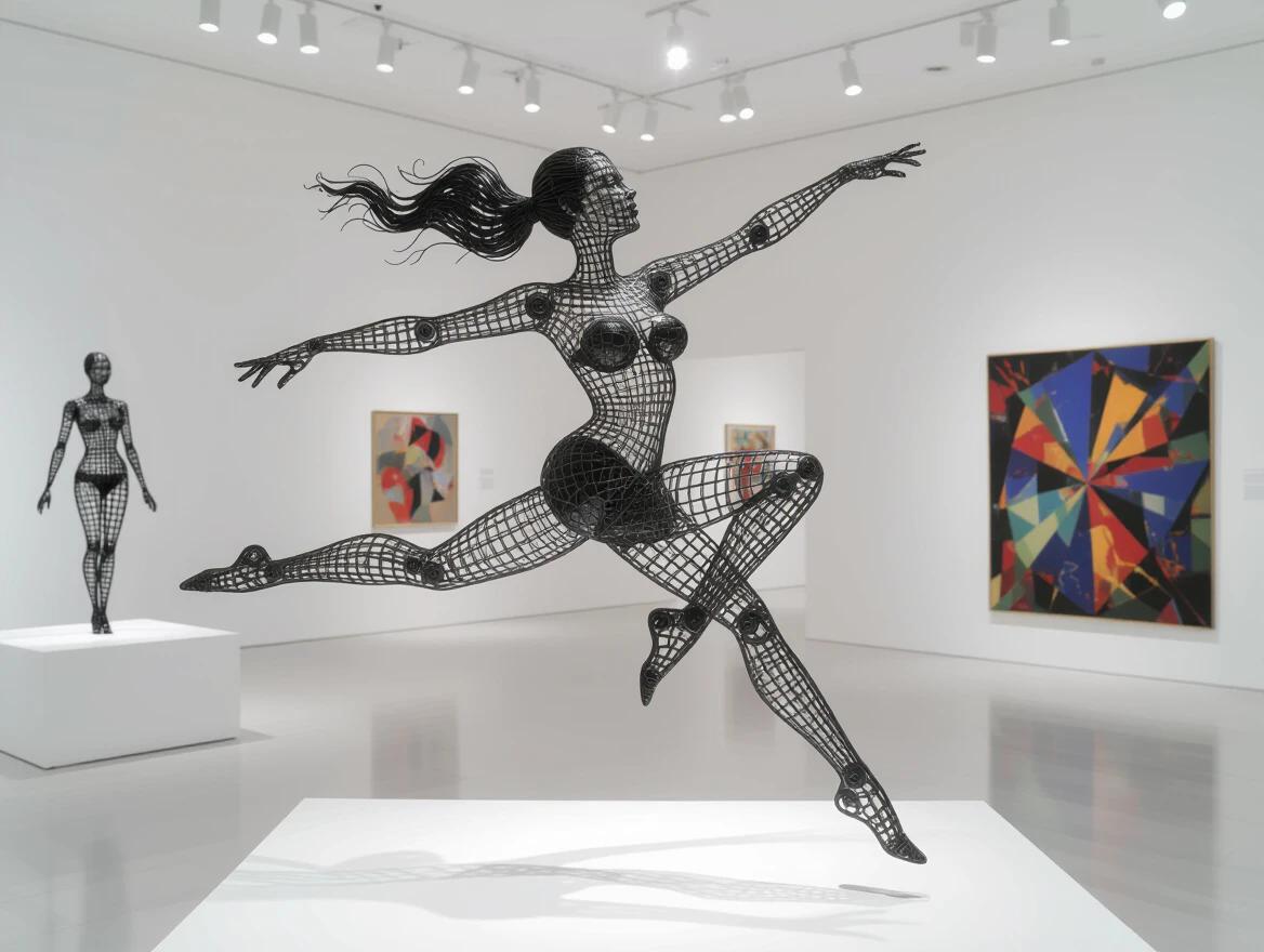 A wire sculpture of a human figure leaps through the air. The sculpture is made from wire mesh. It is displayed in a modern art gallery. The lighting is dramatic and bright. Several artworks in the background are colorful and geometric.