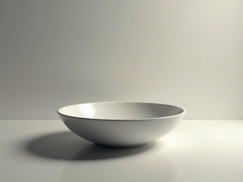 A photo realistic depiction of an empty deep soup bowl on a table. The design is minimalistic. The background is softly lit with a neutral tone. The bowl is centered in the image.