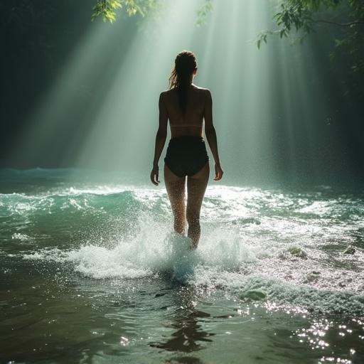 Woman walking through water in a strong storm with lightning