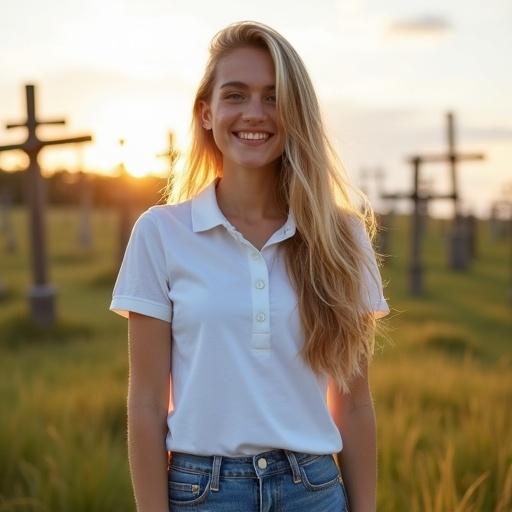 Smiling woman with long blonde hair in a white polo shirt and jeans standing in a field. Background features the Hill of Crosses in Lithuania during sunset.