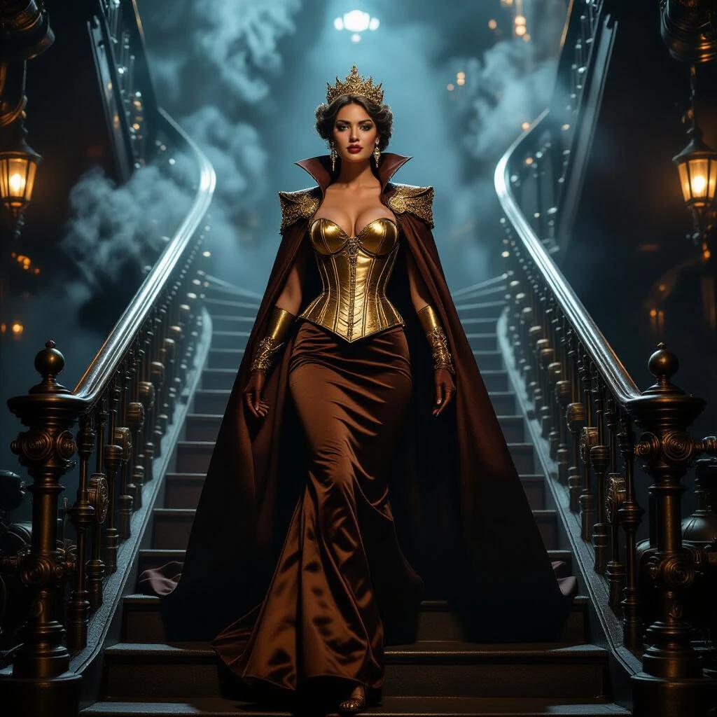 A regal figure walks down a staircase in a steampunk setting. She wears a gold corset and a brown flowing dress. A dramatic cape billows behind her. Her crown and earrings add opulence. The atmosphere has swirling smoke and dim lighting. The scene conveys authority, elegance, and sophistication.