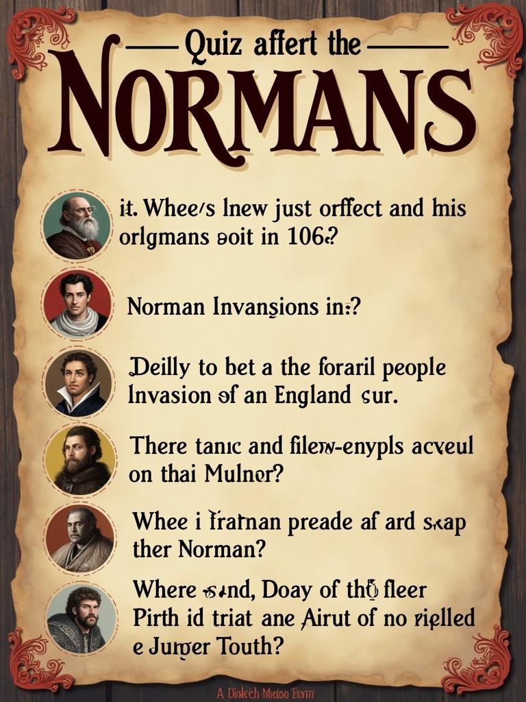 Poster advertising quiz about the Normans. Questions related to famous people named Norman. Focus on the Norman invasion of England in 1066.