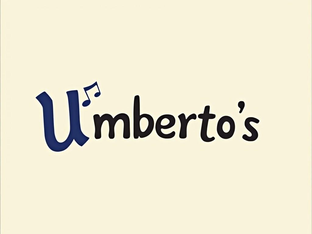 This image features the name 'Umberto's' styled in a playful font. The 'U' has a musical note, adding a creative touch to the logo. The background is a soft light yellow, creating a warm and inviting atmosphere. The letters are primarily blue and black, making them stand out effectively. This design suggests a friendly and approachable dining experience, perhaps related to an Italian restaurant or similar culinary venture.